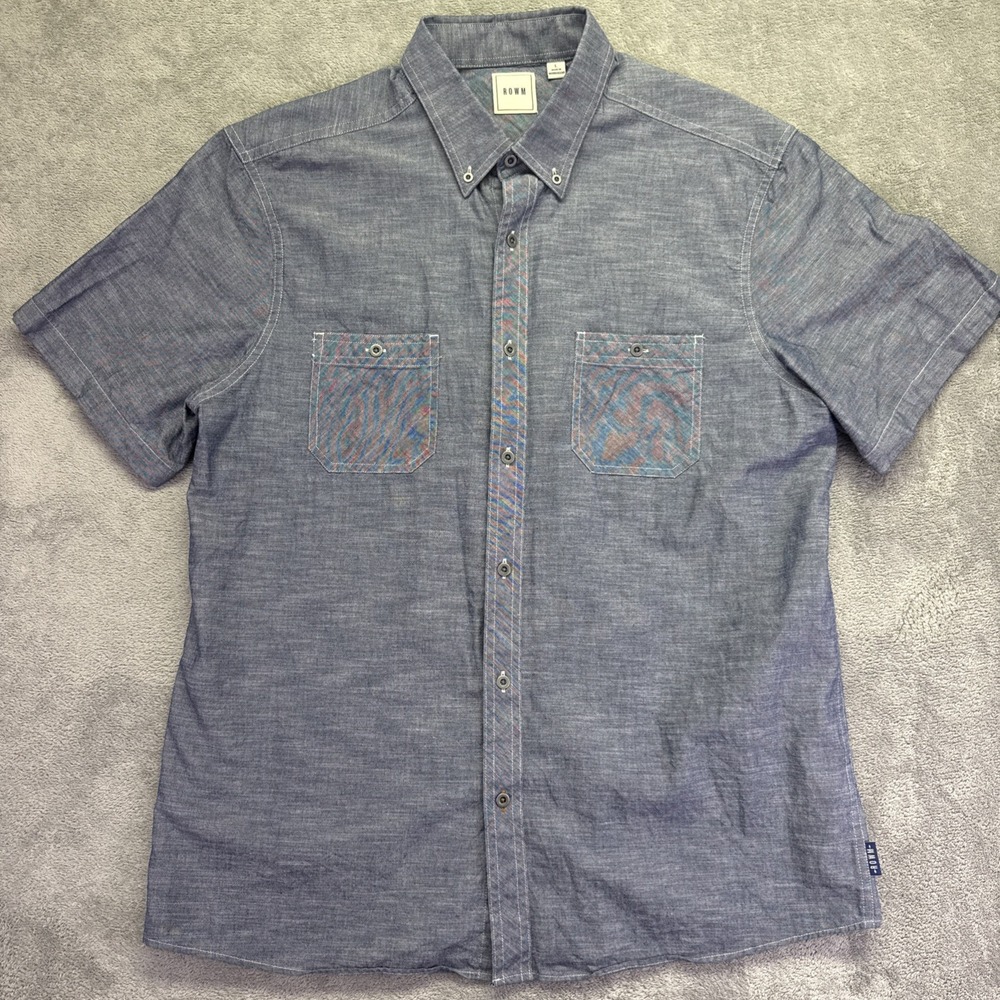 ROWM Men's Size Large Blue Short Sleeve Button Down Shirt 100% Cotton